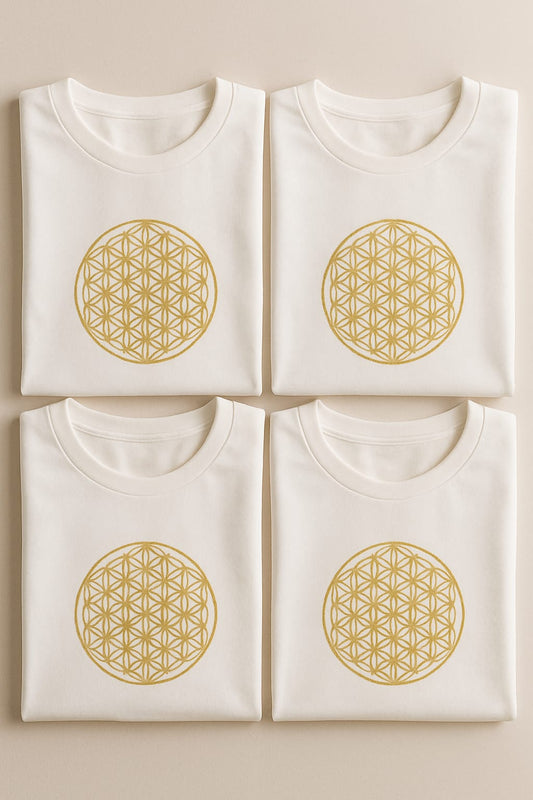 Tricou brodat Floarea Vieții – damă – alb cu broderie culoare auriu