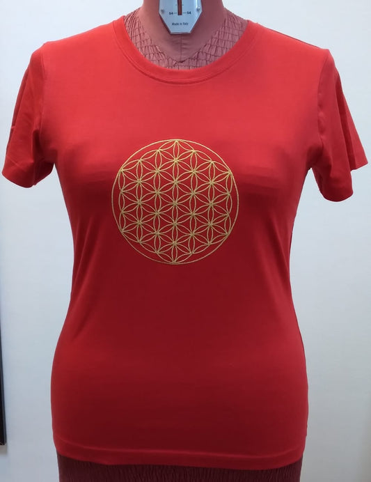 Tricou brodat Floarea Vieții – damă – roșu cu broderie culoare auriu | M.BRANCO ART