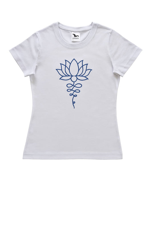 Tricou damă brodat, -Unalome & Lotus, alb cu broderie albastra