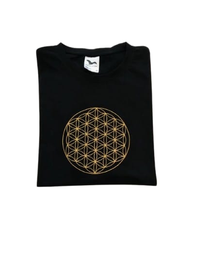 Tricou barbati Floarea Vieții, negru, brodat cu auriu